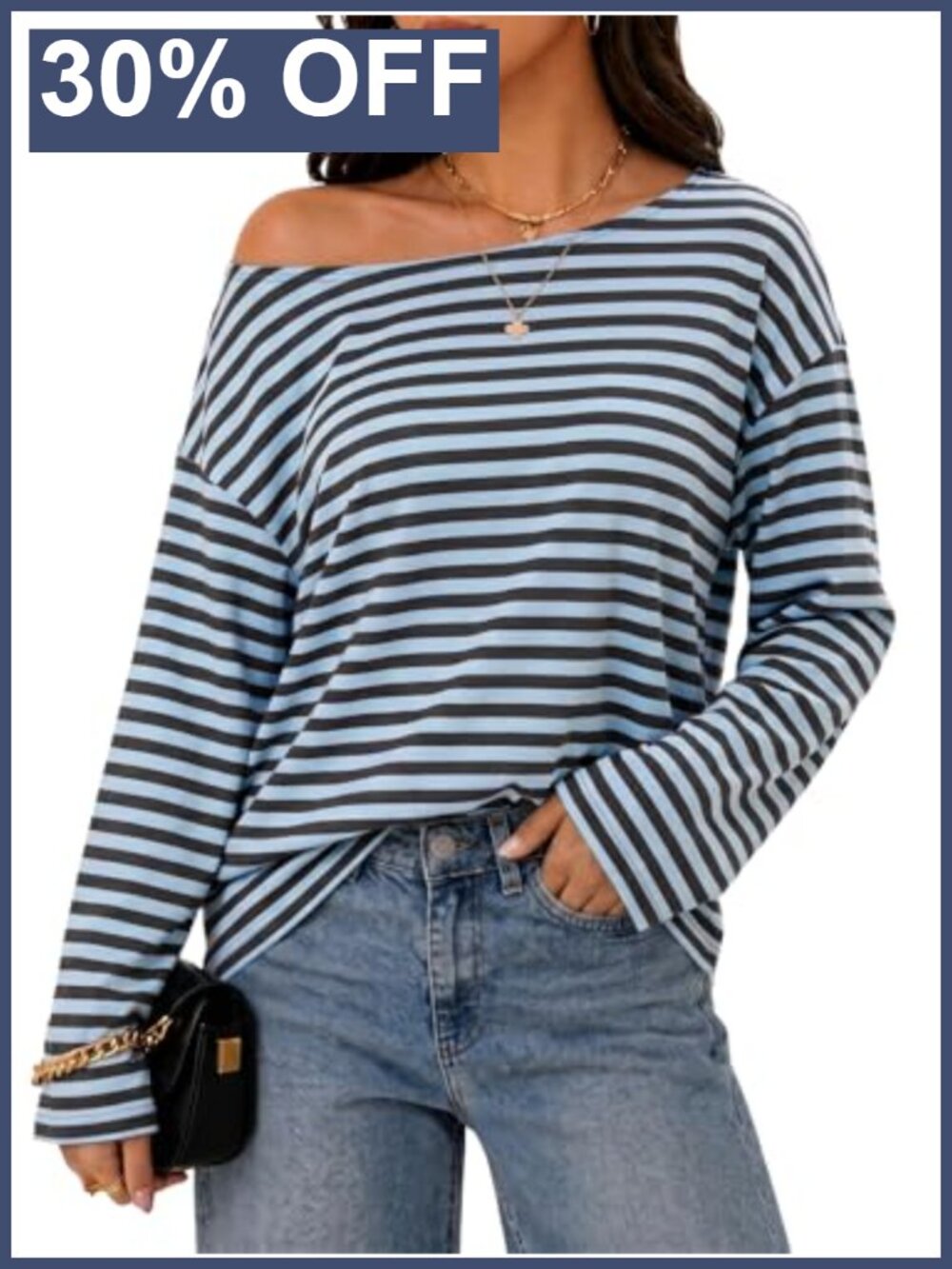 Women's Off Shoulder Striped Polka Dot Long Sleeve Top